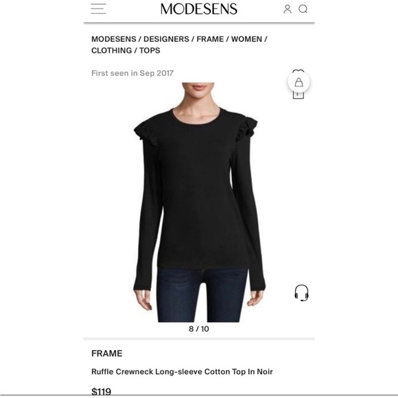 Frame Ruffle Crewneck Long Sleeve Cotton Shirt Size S Black Noir Classic - Picture 2 of 6